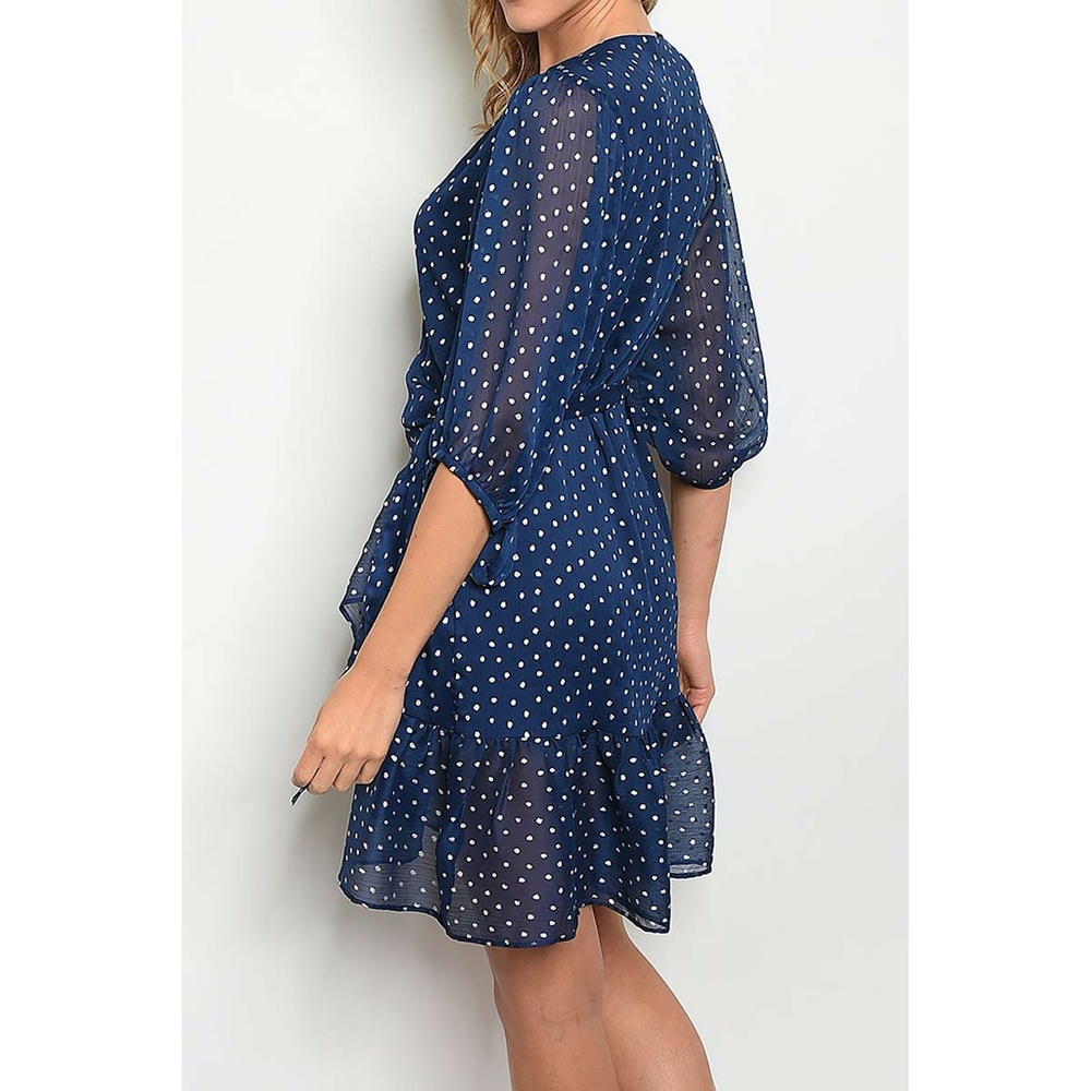 Navy Blue Dotted Ruffle Hem Wrap Dress - Picture 2 of 8